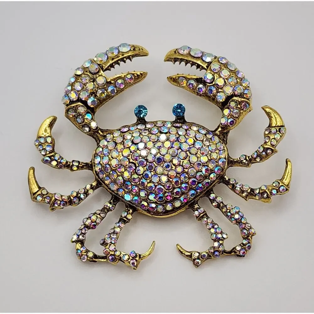 Stunning Crab Brooch Clear Rhinestones Gold Tone Metal Sealife